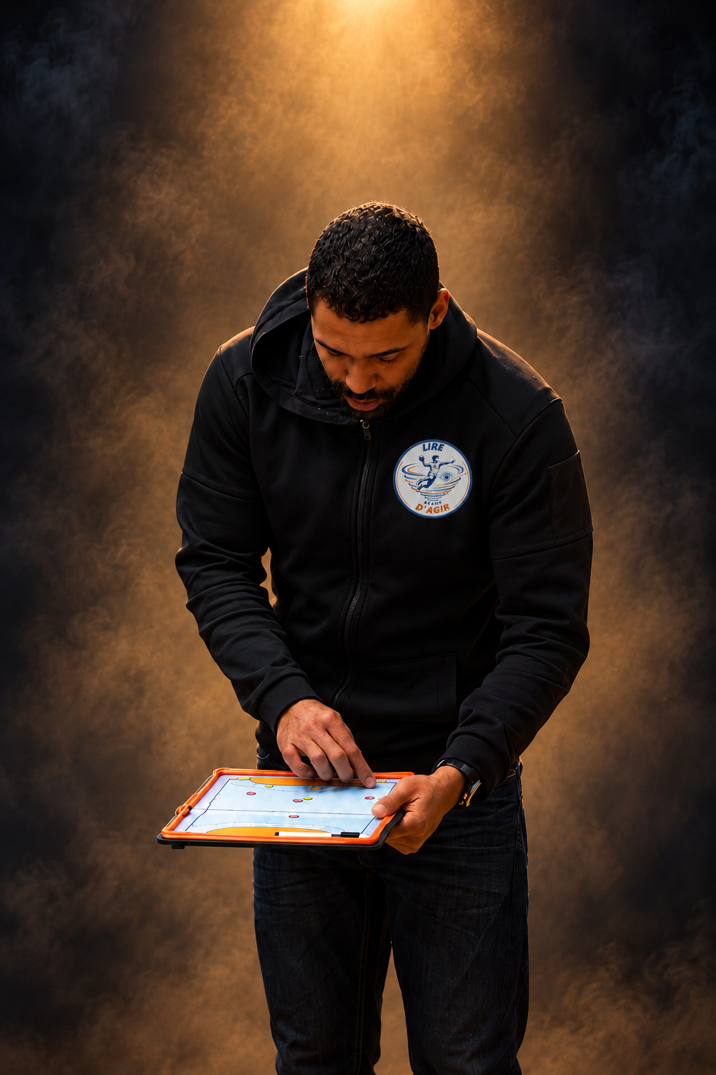 Adriano Marlin consultant sa tablette tactique, sweat Lire avant d'agir