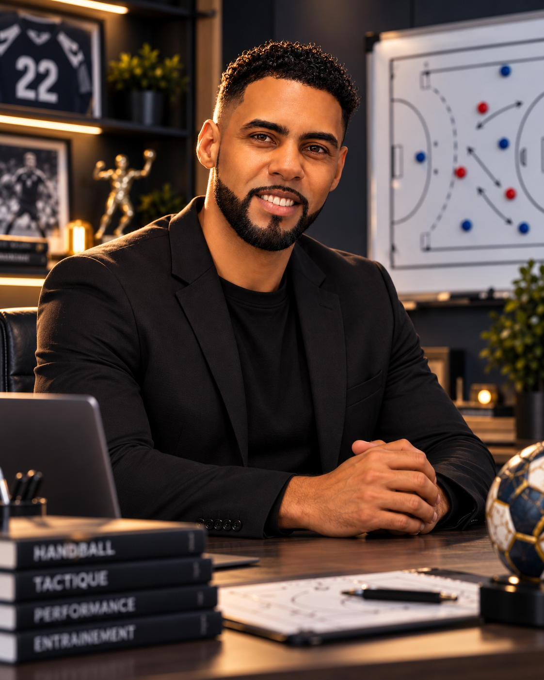 Adriano Marlin assis à son bureau, devant un tableau tactique de handball